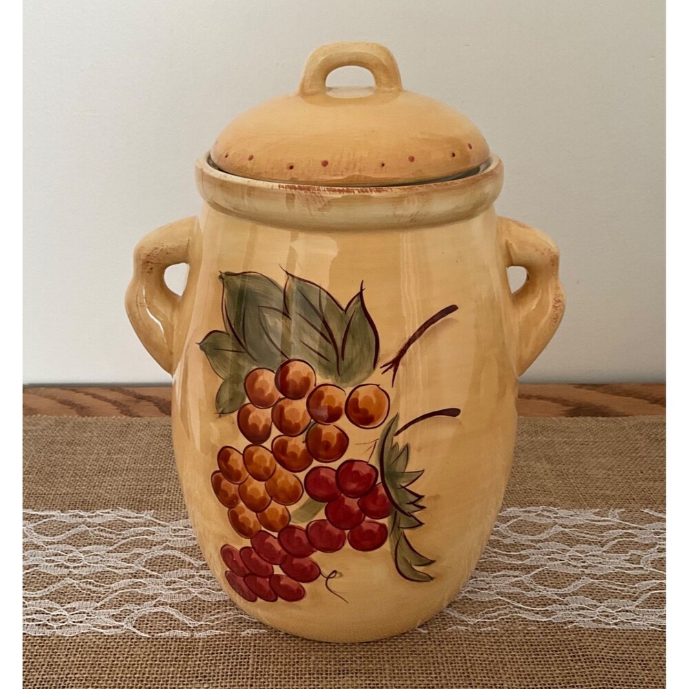Ceramic Tuscan Yellow Wine Grapes Cookie Jar Hand Painted Country Motif